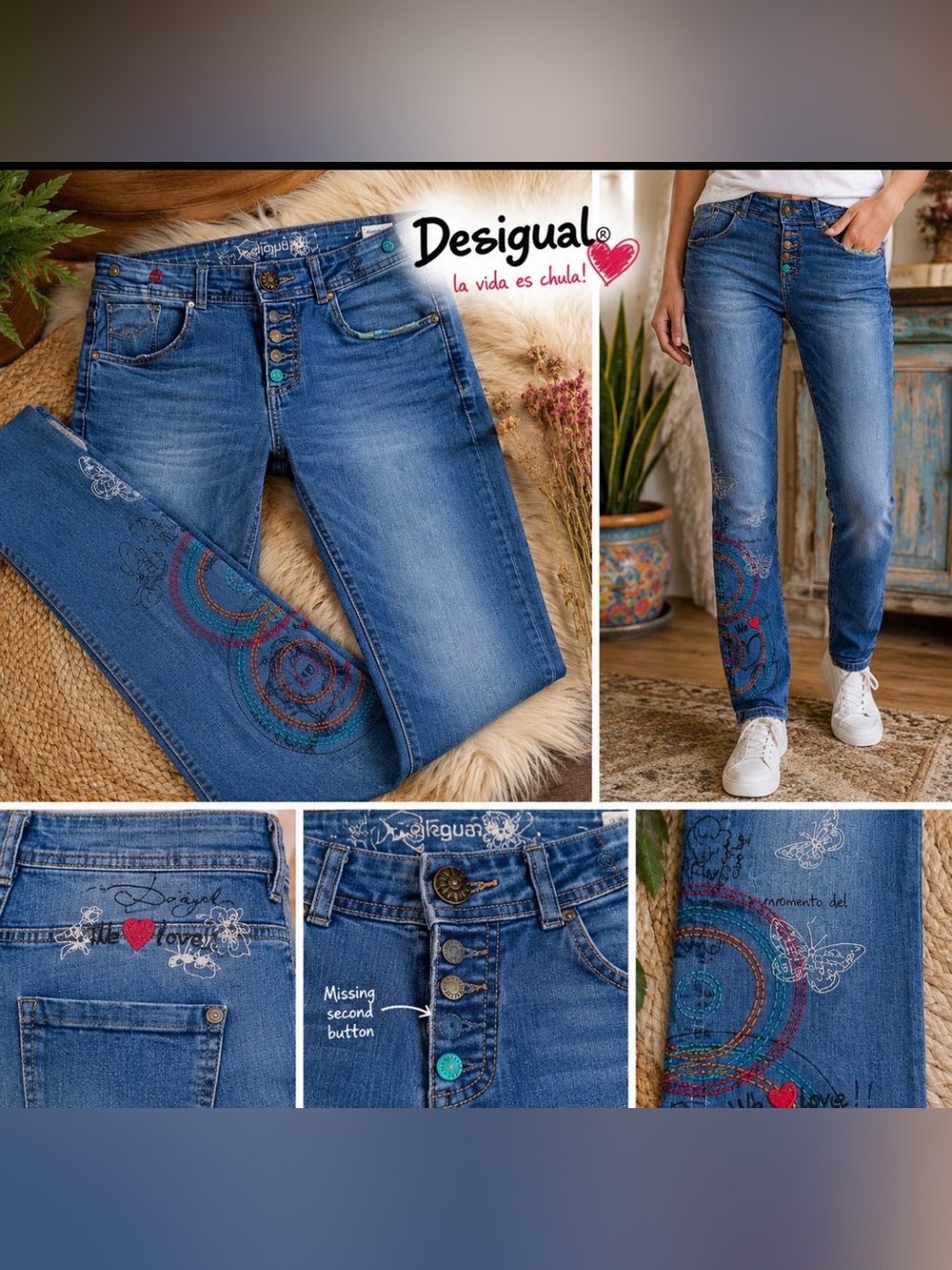 Desigual The Love Boyfriend Fit Jeans 26 Embroidered Button Fly Butterfly Denim